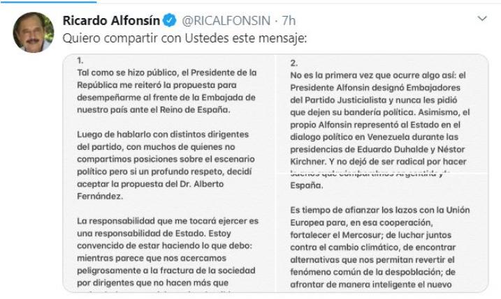 Ricardo Alfonsín designado embajador en España